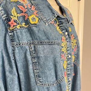 Denim dress - floral embroidery, pearl snap closures, and bottom fringe.